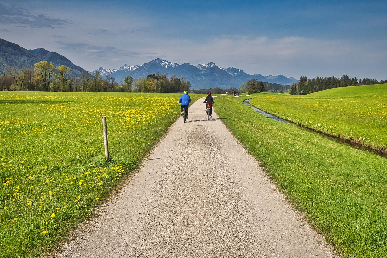 path, bike path, gravel road, cyclist, mountains, grasslands, nature, to go biking, distance, chiemgau, landscape